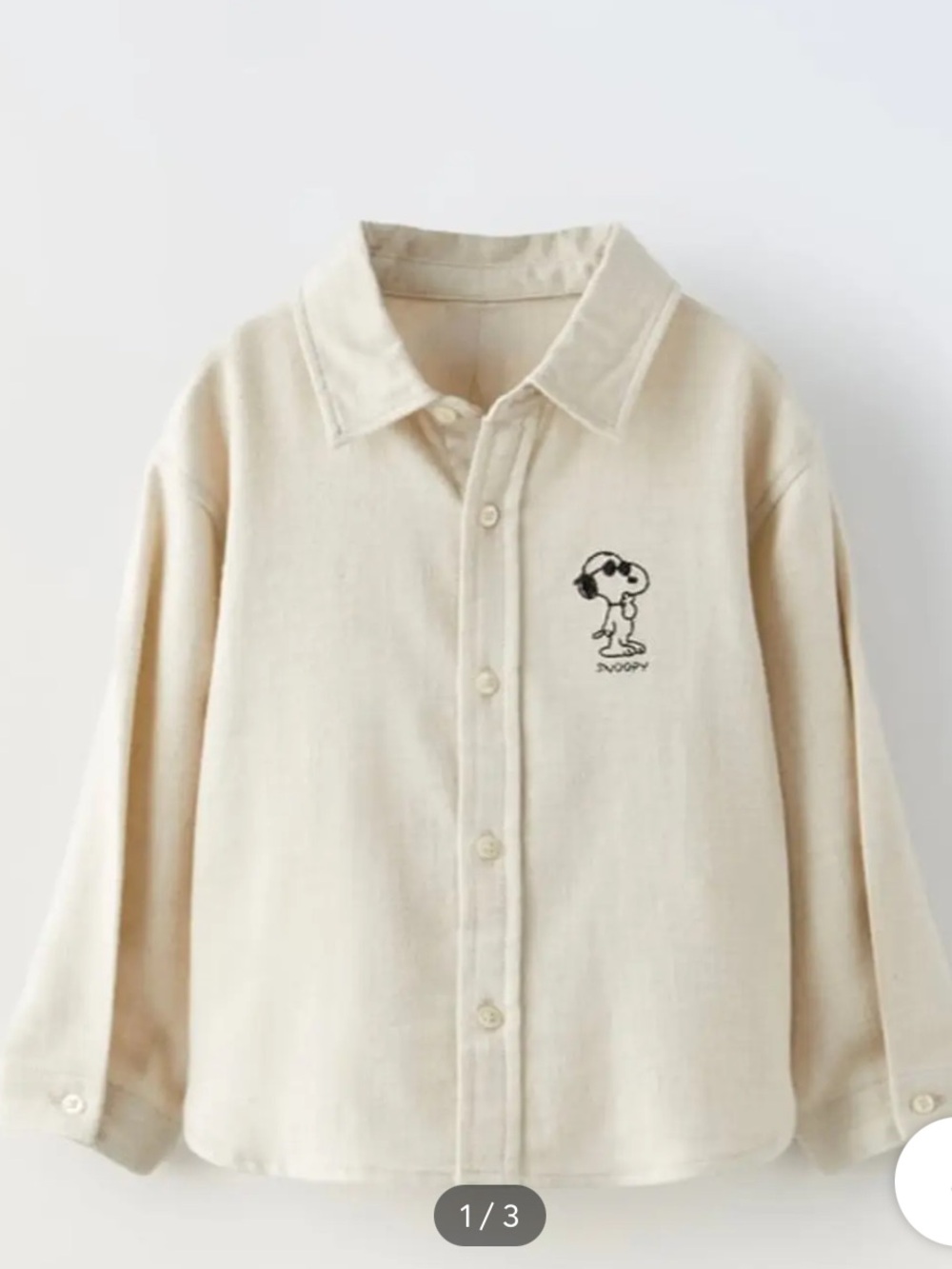 Zara Cream Button-Down Shirt with Snoopy Embroidery